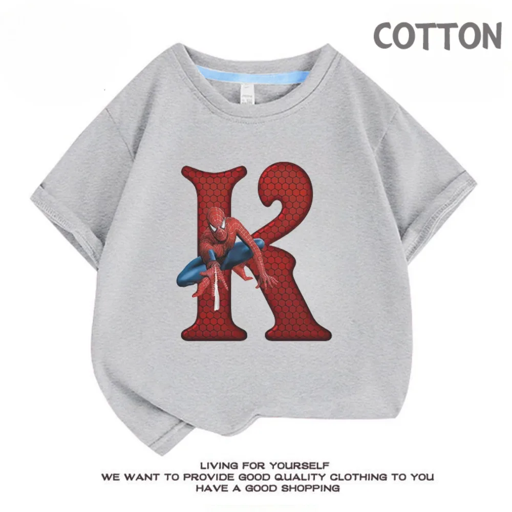 Marvels SpiderMan Letter Grey Baby Children T-Shirt Girl Boy A-Z Fashion Cartoons Clothes Kid Tee Shirts Cotton Casual Top