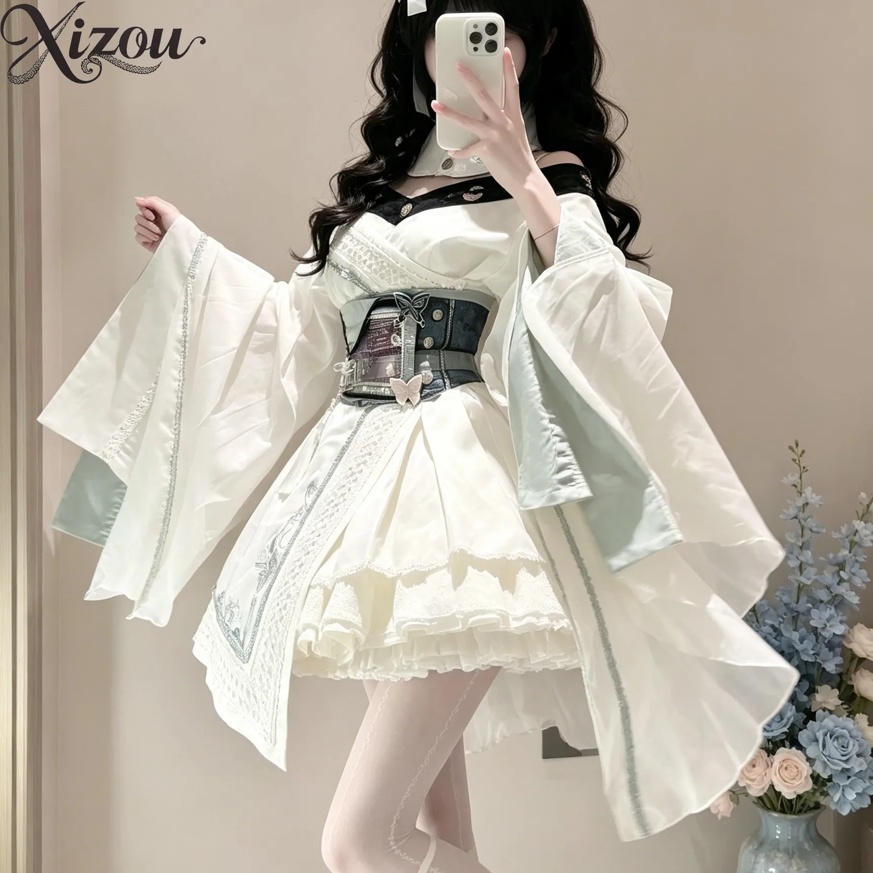 Chinese Style Gothic Lolita OP Dress Set Wide Bell Sleeve Embroidery Short Dress Spring Summer Cosplay Costume Women Waist Band