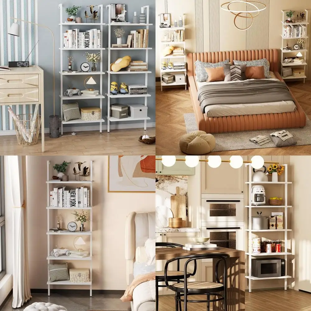 

5-уровневая белая настенная деревянная полка с металлическим каркасом — современный промышленный книжный шкаф для домашнего офиса, кухни и спальни