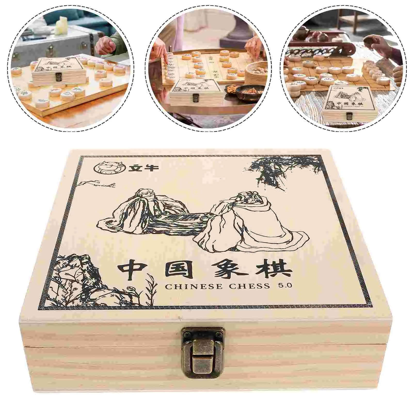 Chess Storage Box Vintage Small Chest Chinese Travel Games Tea Organizer Wooden Board Man