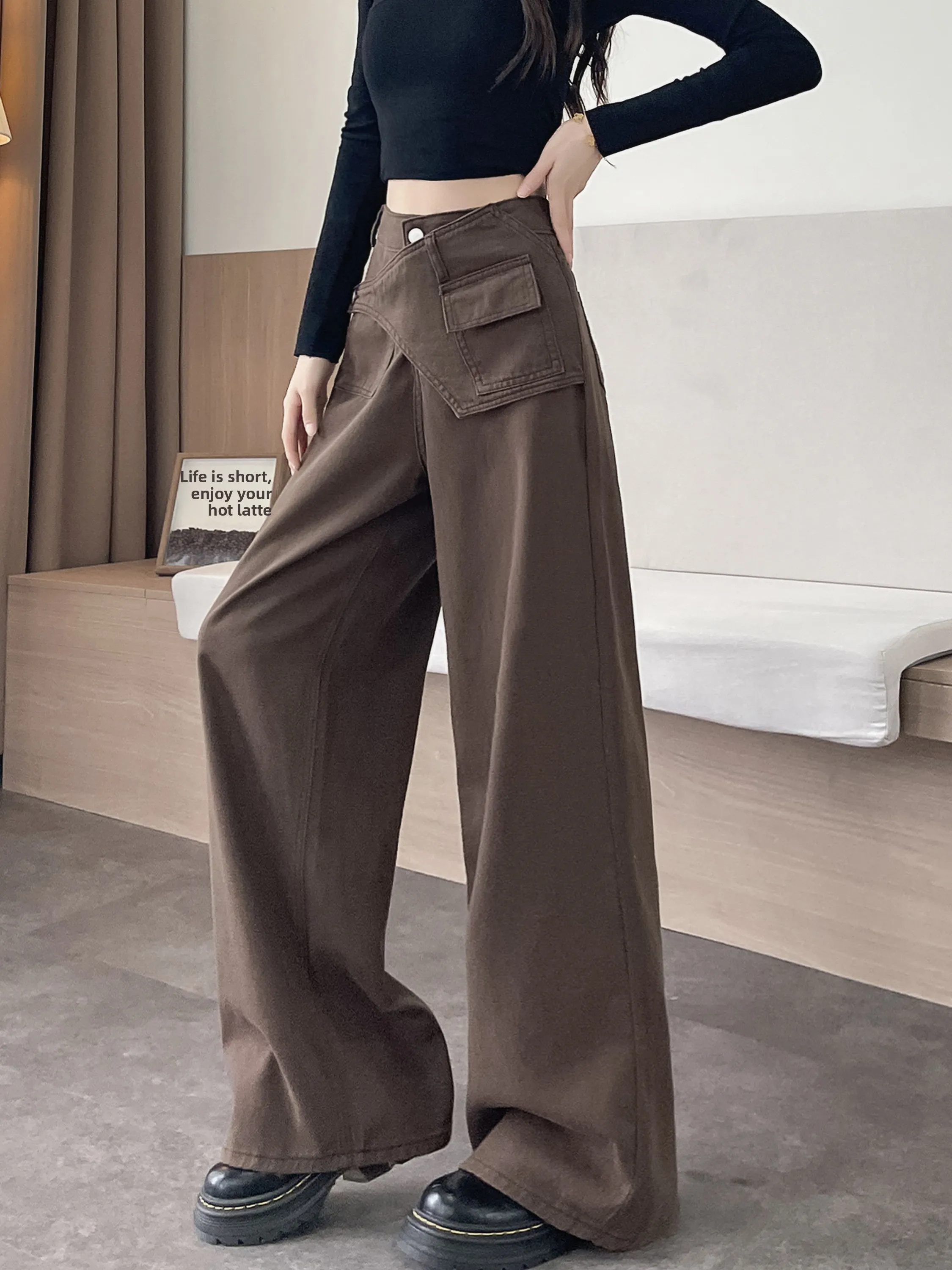 กางเกงยีนส์เดนิมผู้หญิง รุ่นใหม่สำหรับฤดูหนาว ทรงหลวม ขากว้าง ชายไม่เท่ากัน ยาวคลุมเท้า สไตล์ลำลอง