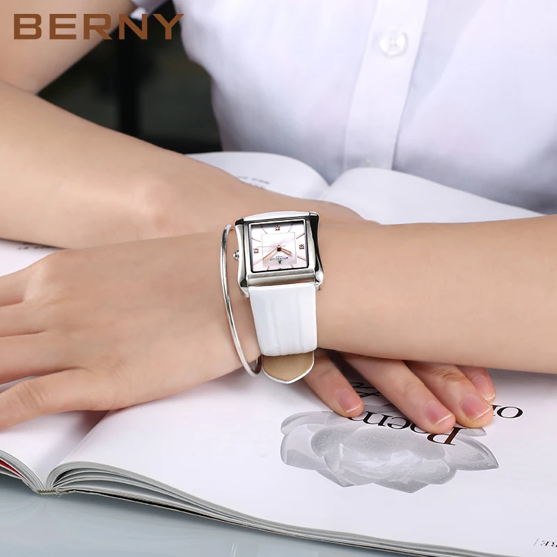 BERNY Genuine Leather Strap Square Women Quartz Watch Ladies Wristwatch Waterproof Gemstone Dial Shell Pattern