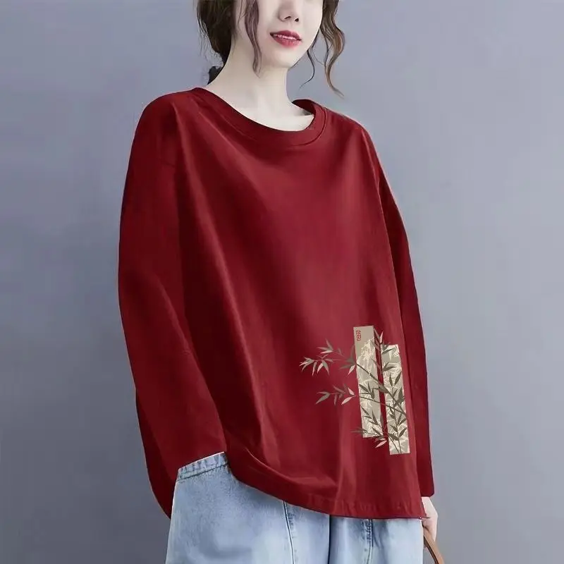 T-shirt da donna a maniche lunghe in cotone, girocollo ampio, top casual stampato