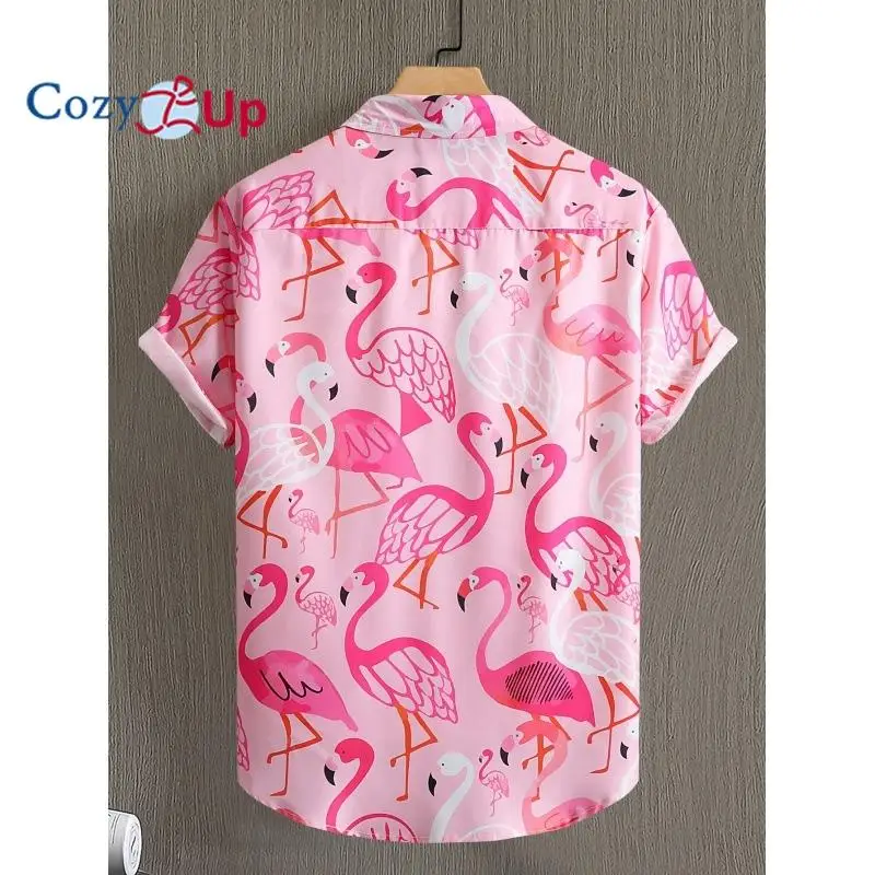 Men Casual Shirt Pink White Flamingo Summer Shirt Men\'s Short Sleeved Hawaii Shirt