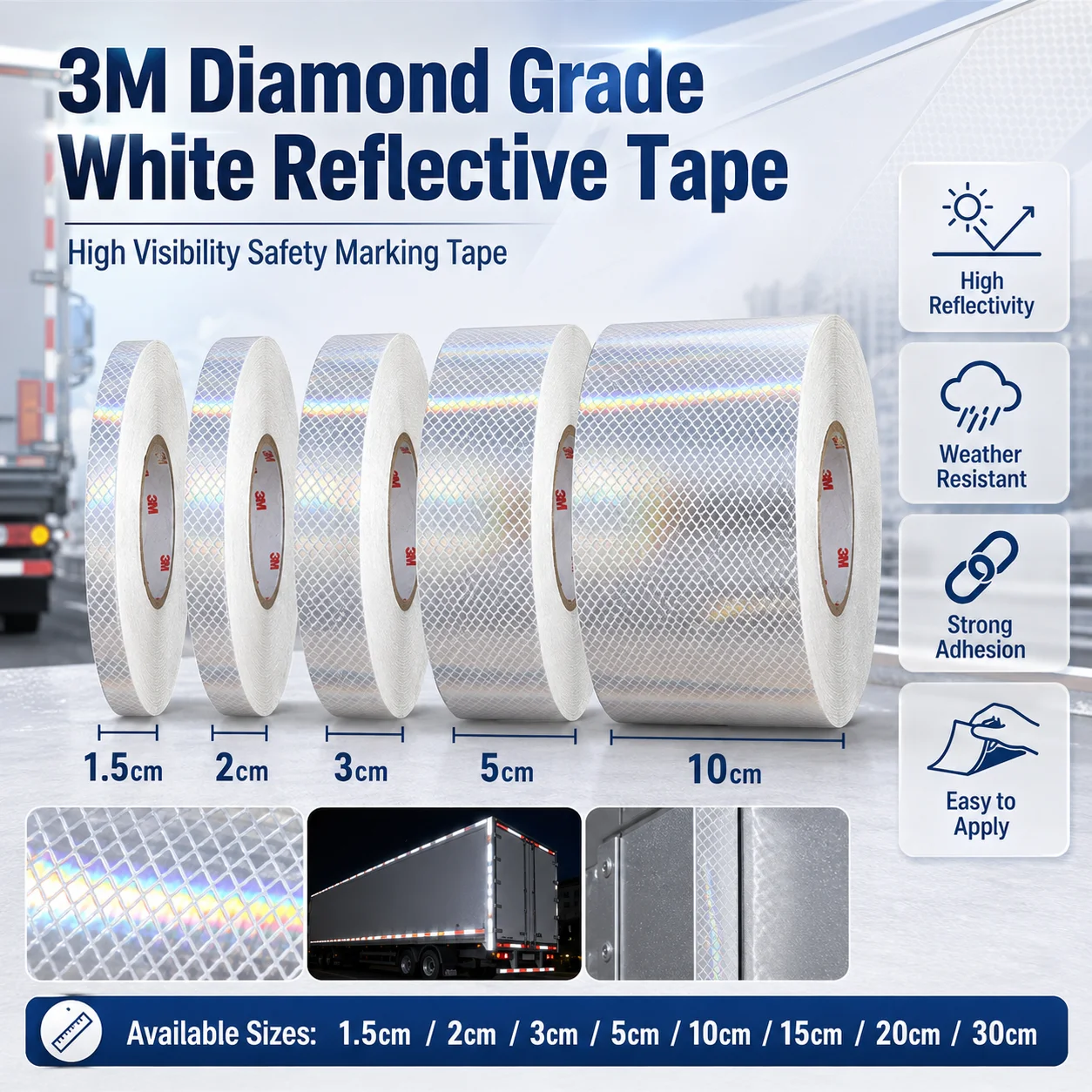 3M Diamond Grade Reflective Tape High Visibility Weather Resistant Safety Marking For Vehicle Trailer Road Signs 1.5-30cm x 1m