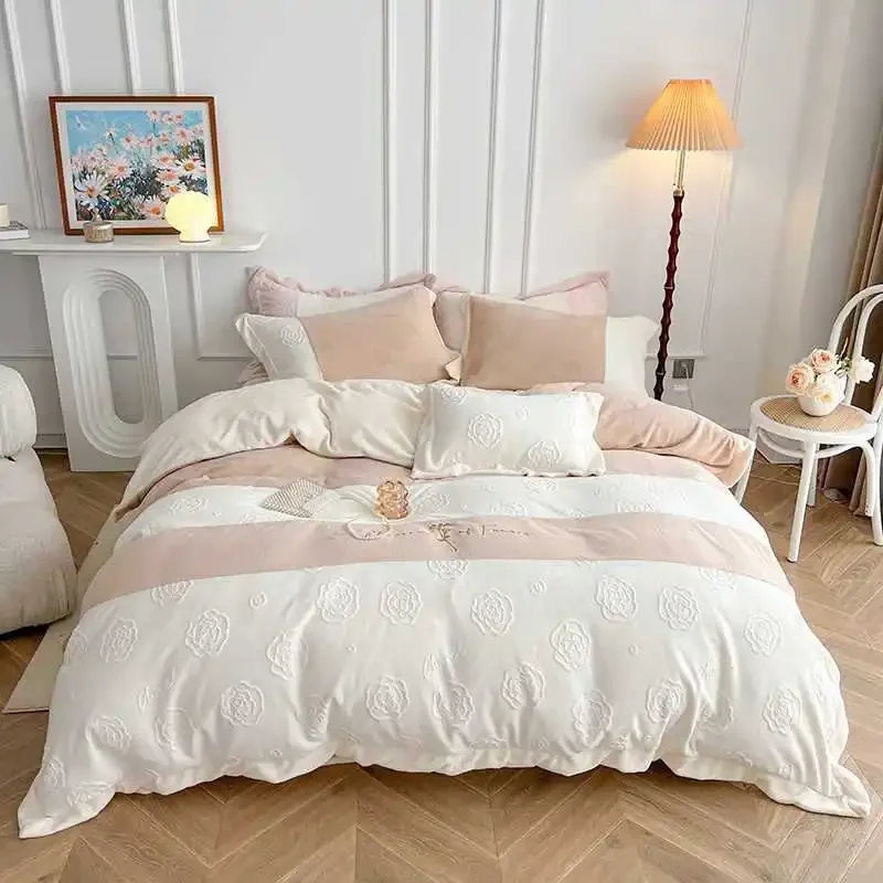 Autumn and winter thickened double-sided milk fleece four-piece set camellia quilt cover warm carved fleece princess bed