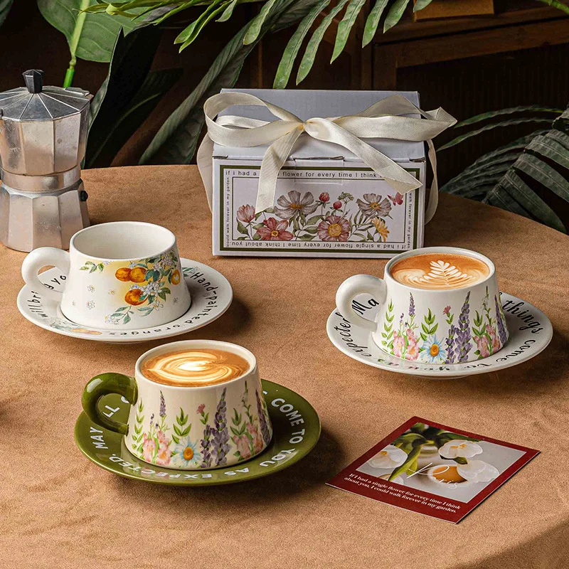 Retro Light Luxury Style High Temperature Fired Ceramics Coffee Cup and Saucer Set Underglaze Colour Afternoon Tea Drinkware