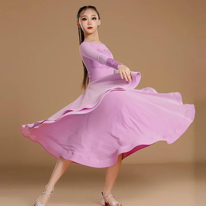 

Children Purple Ballroom Dancing Dress For Competition Girl Standard Waltz Performance Wear Long Sleeve Modern Dance Suit 3332