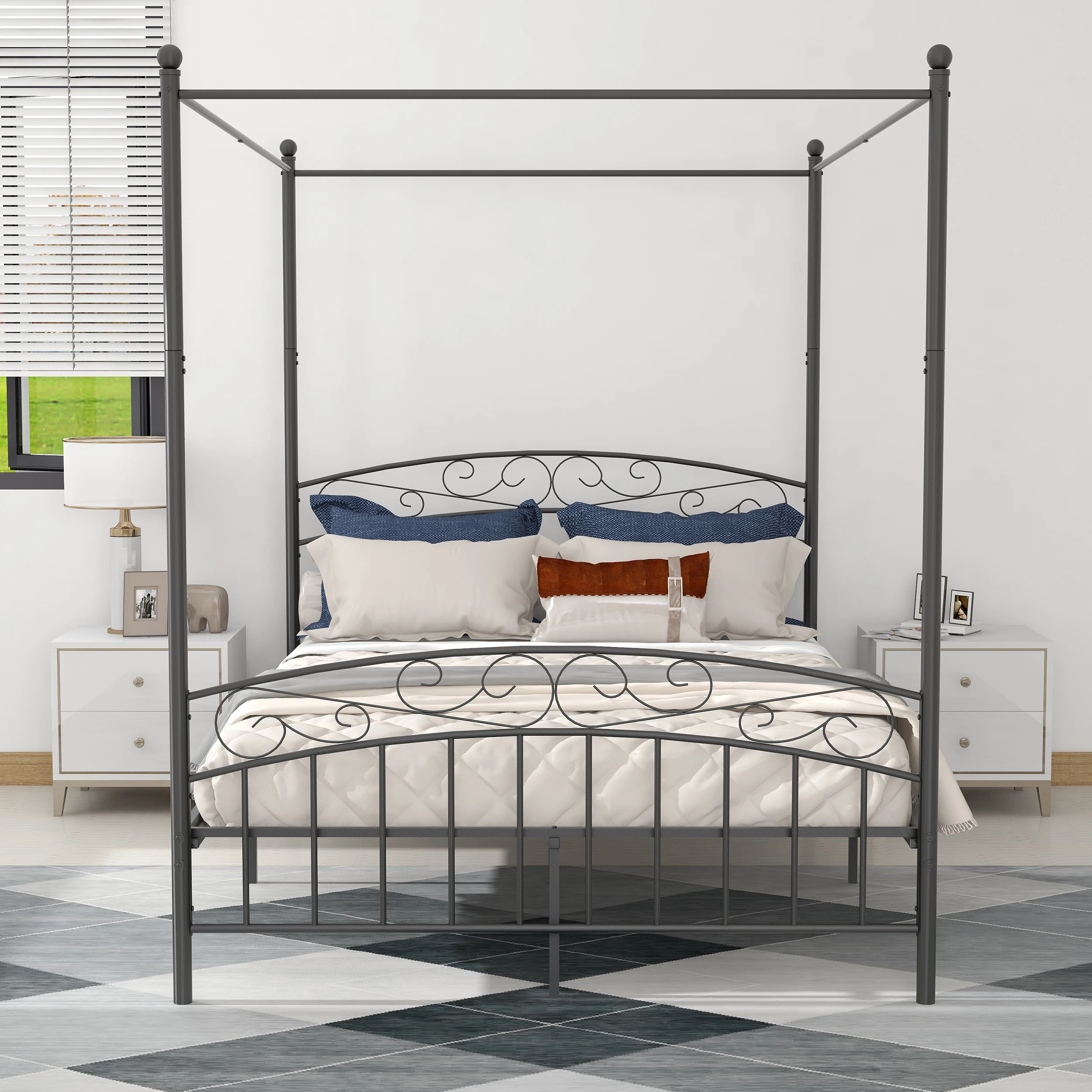 Canopy Bed Frame Black Queen Size Four-Poster Metal Platform Bed With Headboard And Footboard Sturdy Heavy Steel Slat Support