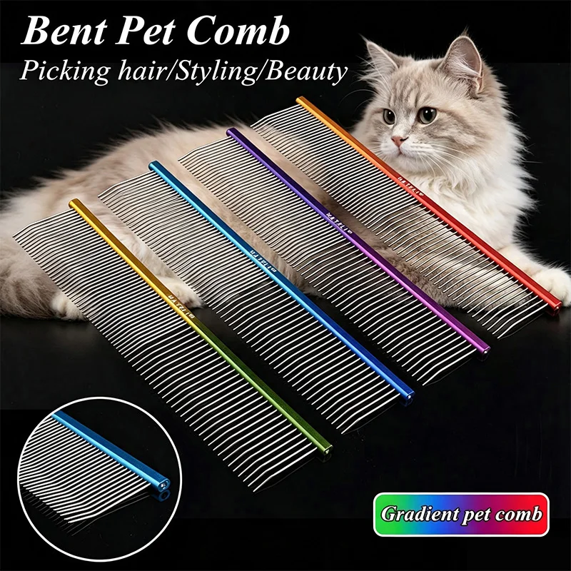 19/22cm Curved Needle Pet Comb Cat Dog Hair Grooming Stainless Steel Gradient Color Comb Removes Loose Hair Tangles Dog Comb