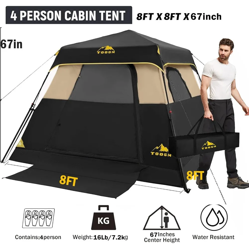 خيمة تخييم سريعة الإعداد تتسع لـ 3/4 أشخاص مع باب واحد وأربعة نوافذ وتهوية معززة ومقاومة للماء وقماش أكسفورد مقاس 8 × 8 × 67 بوصة #2