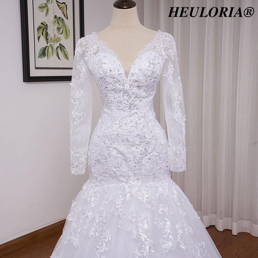 Heiloria-vestidos de novia de sirena, ropa de manga larga con cuello en V, Apliques de encaje con cuentas, traje de boda personalizado