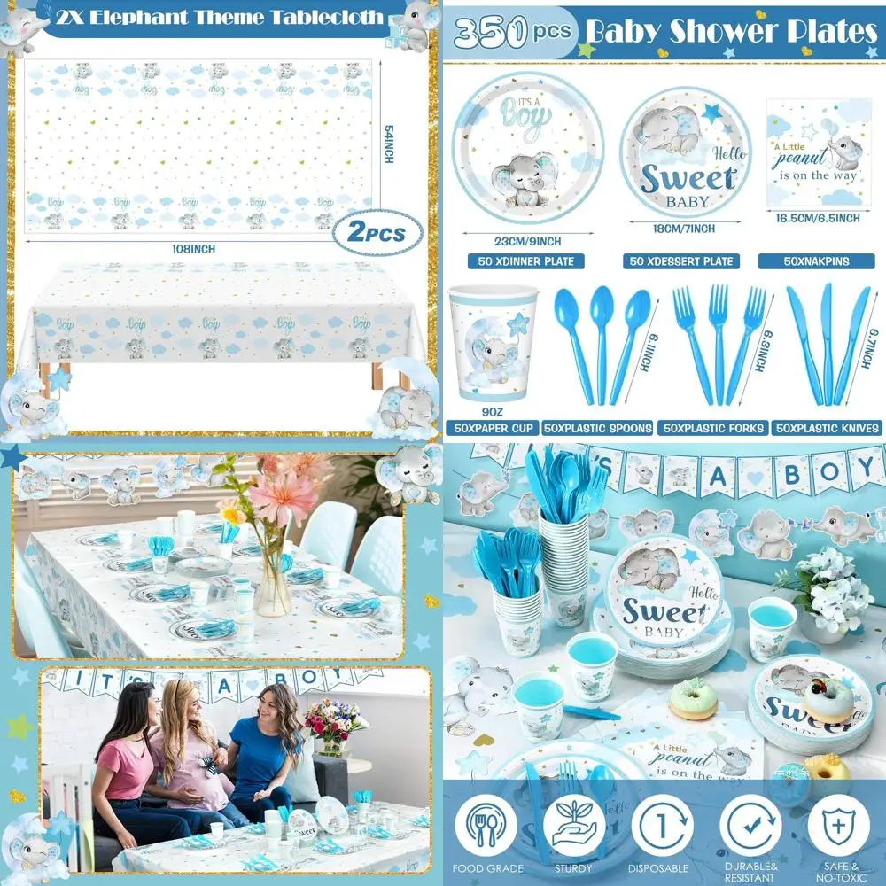 

Blue Elephant Themed Baby Shower Kit for 50 Guests: Tableware, Decorations, and More