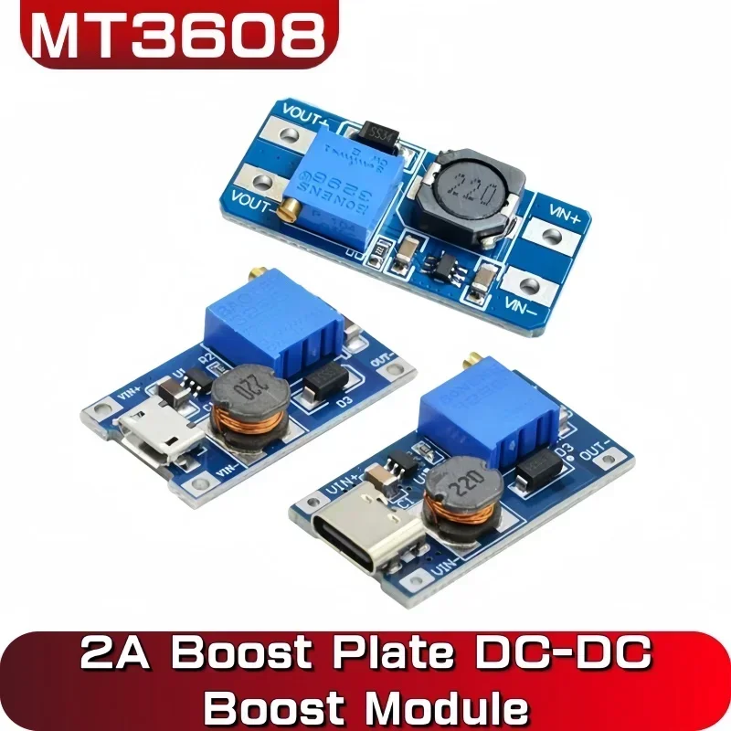 MT3608 DC-DC Adjustable Boost Module 2A Boost Plate Step Up Module with/without MICRO USB / Type-c 2V-24V to 5V 9V 12V 28V