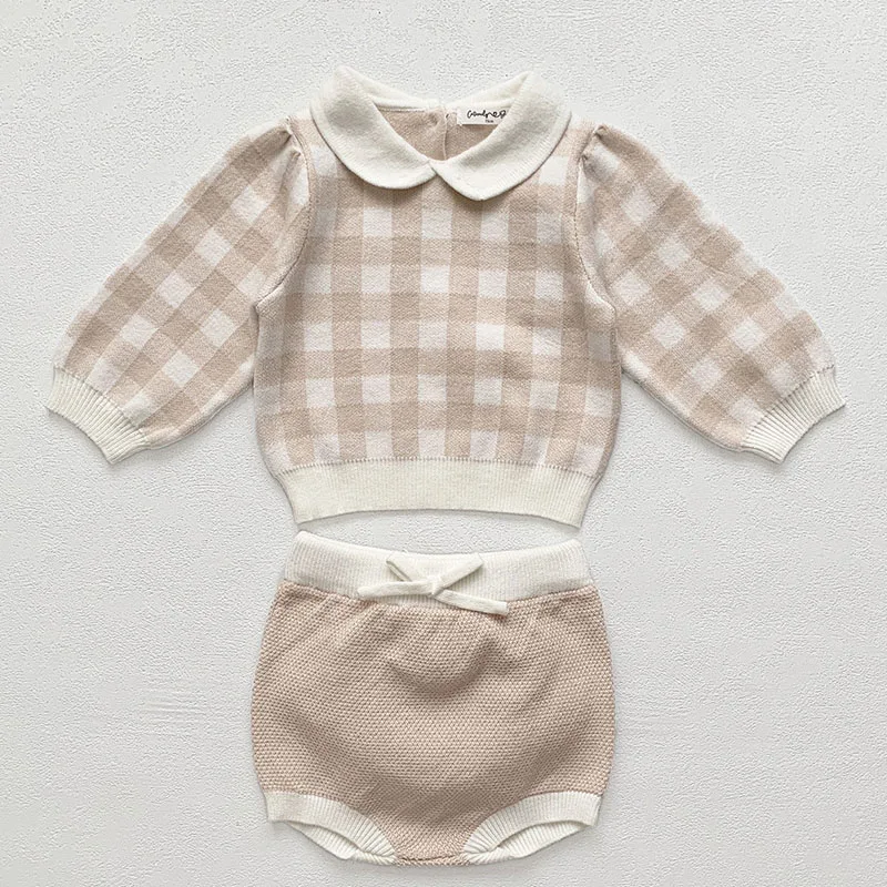 2024 New Autumn Infant Baby Girls Clothing Set Long Sleeved Lattice Knitted Pullover Sweater+PP Shorts Children Clothes Suit