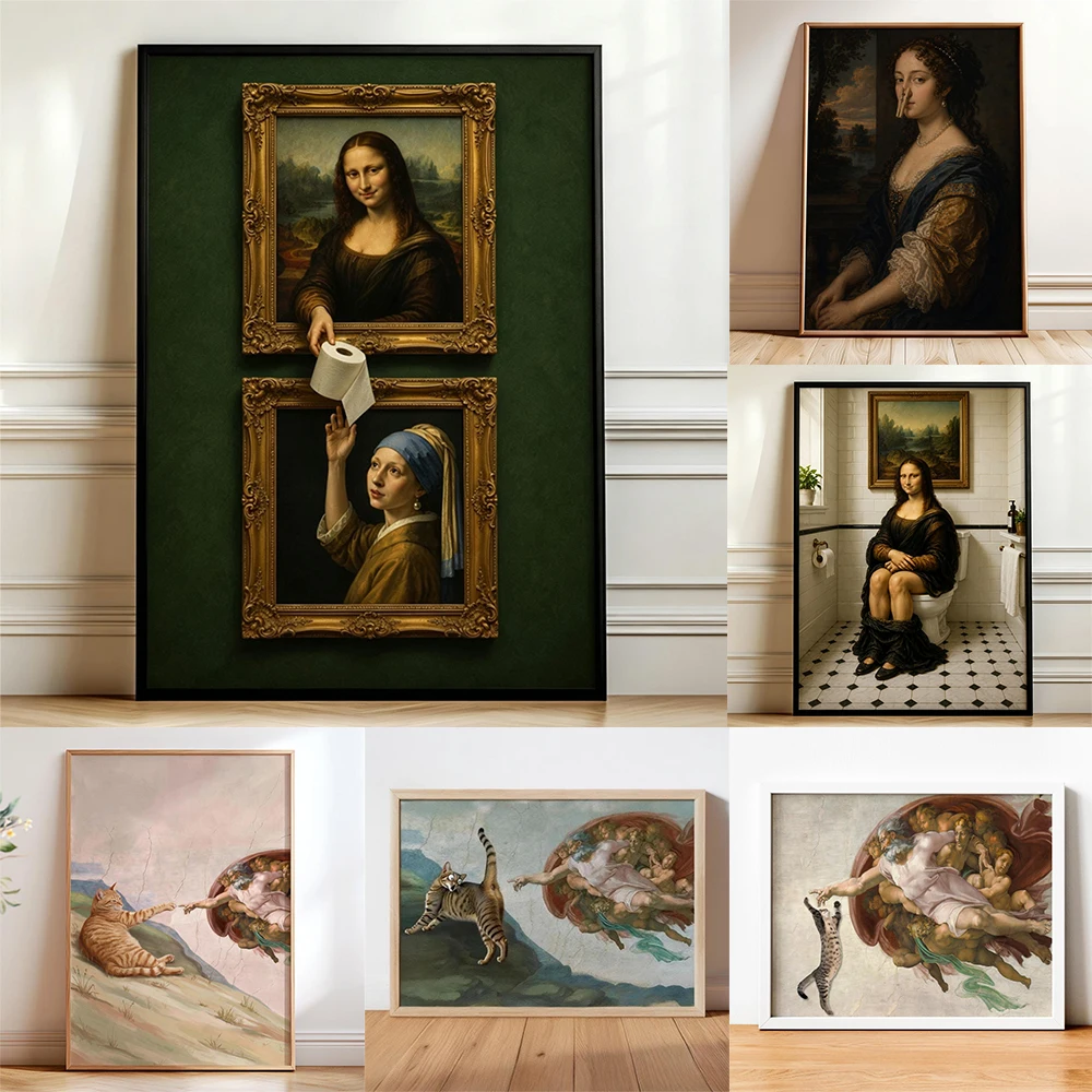Mona Lisa Renaissance Cat Wall Art Poster Classical Cat Renaissance Prints Funny Michelangelo Parody Art Canvas Painting
