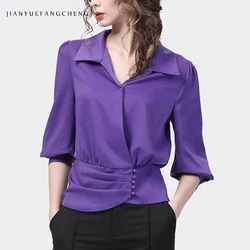 Fashion Women Blue Purple Satin Shirt 3/4 Sleeve Turn-down Collar Spring Summer Tops Elegant Slim Office Ladies Dress Shirts