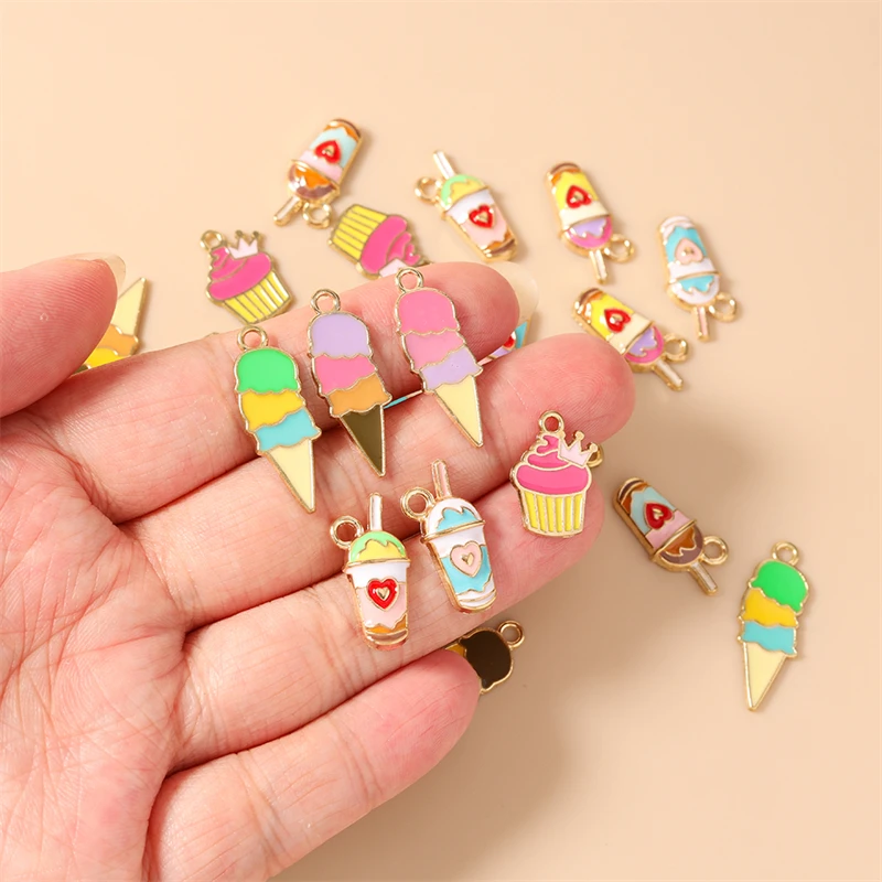 10 Stück niedliche Emaille-Anhänger in Form von Lebensmitteln, Eiscreme und Getränken für die Schmuckherstellung, zum Beispiel für Ohrringe, Halsketten und Armbänder – ideal für DIY-Bastelarbeiten. – Detail 2