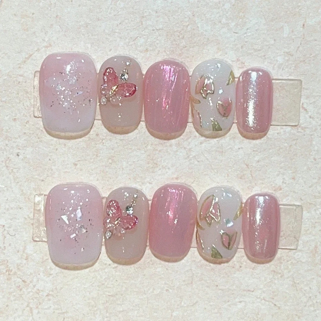 10 Stuks Korte Ronde Handgemaakte Pers Op Nagels Volledige Dekking Perzik Roze Zomer Ontwerp Schattige Valse Nagels Kunstmatige Manicure Valse Nagels