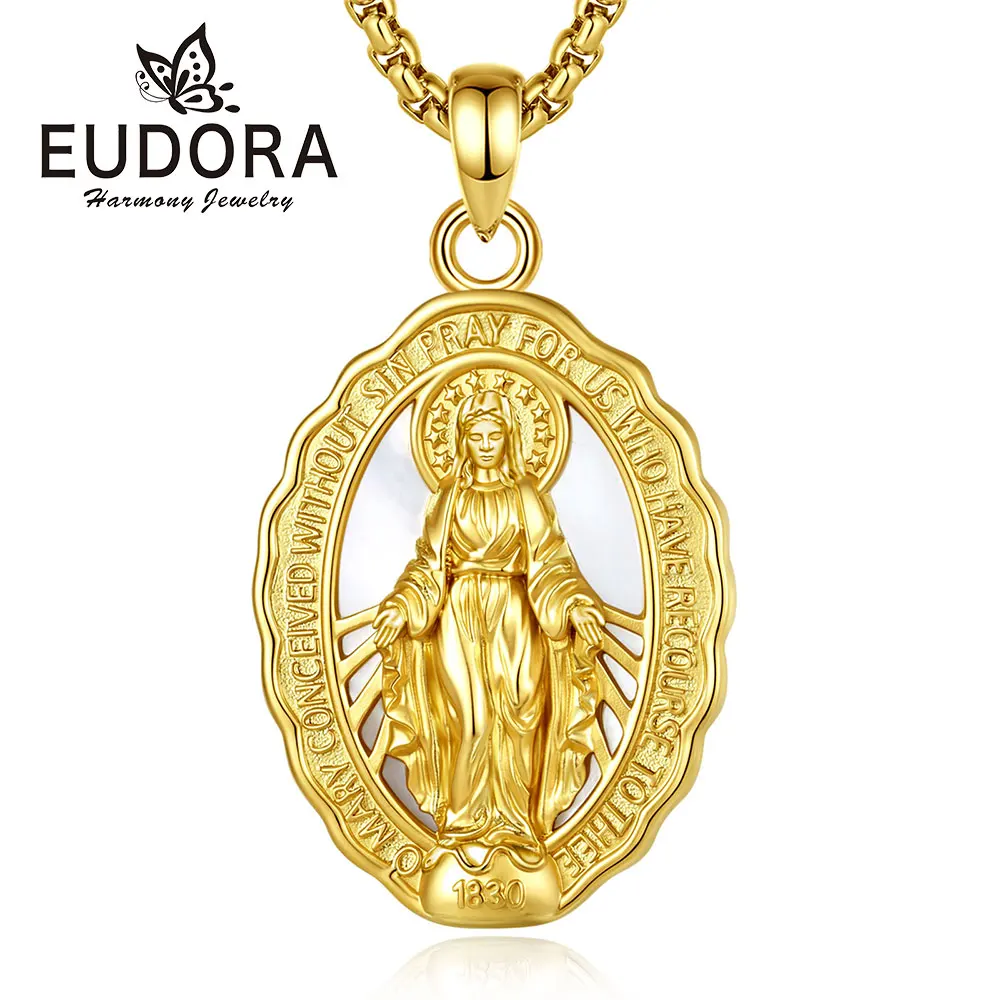 Eudora Copper Virgin Mary Necklace Mother of God Medallion White Mother of Pearl Pendant Religious Jewelry Gift for Woman Man