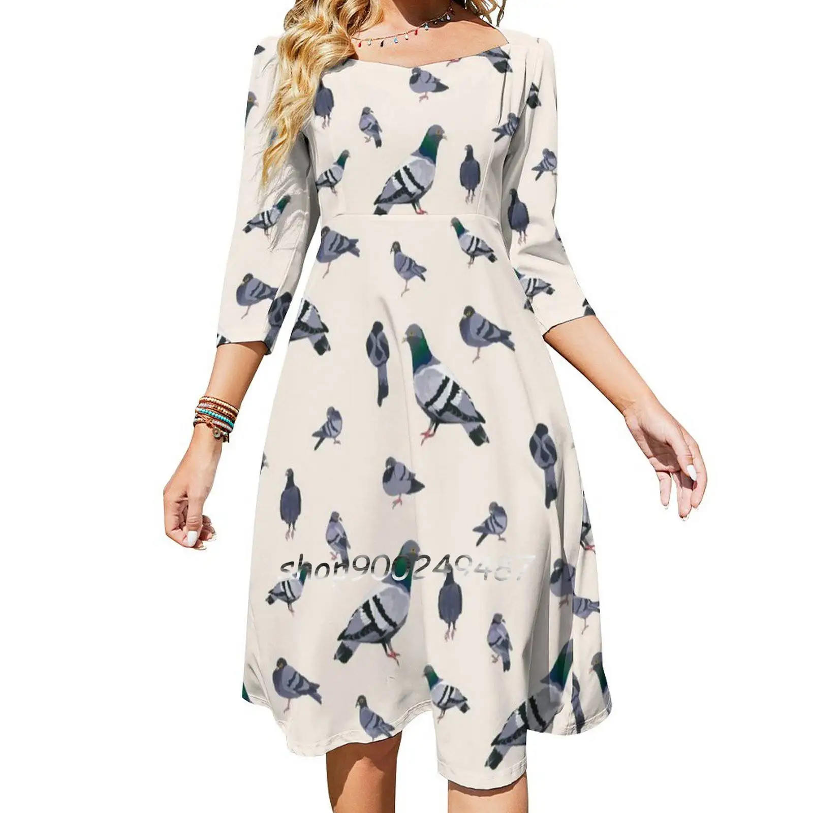 

Bird Poo Square Neck Dress Sweet Summer Dress Women Elegant Halter Print Dress Bird Pigeon Animal City Rodent Color Watercolor