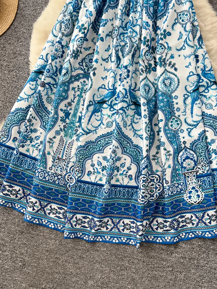 เดรสยาวพิมพ์ลายเอวสูงสำหรับผู้หญิง ดีไซน์ผูกเอวทันสมัย เหมาะสำหรับฤดูร้อนและใส่ไปทำงาน