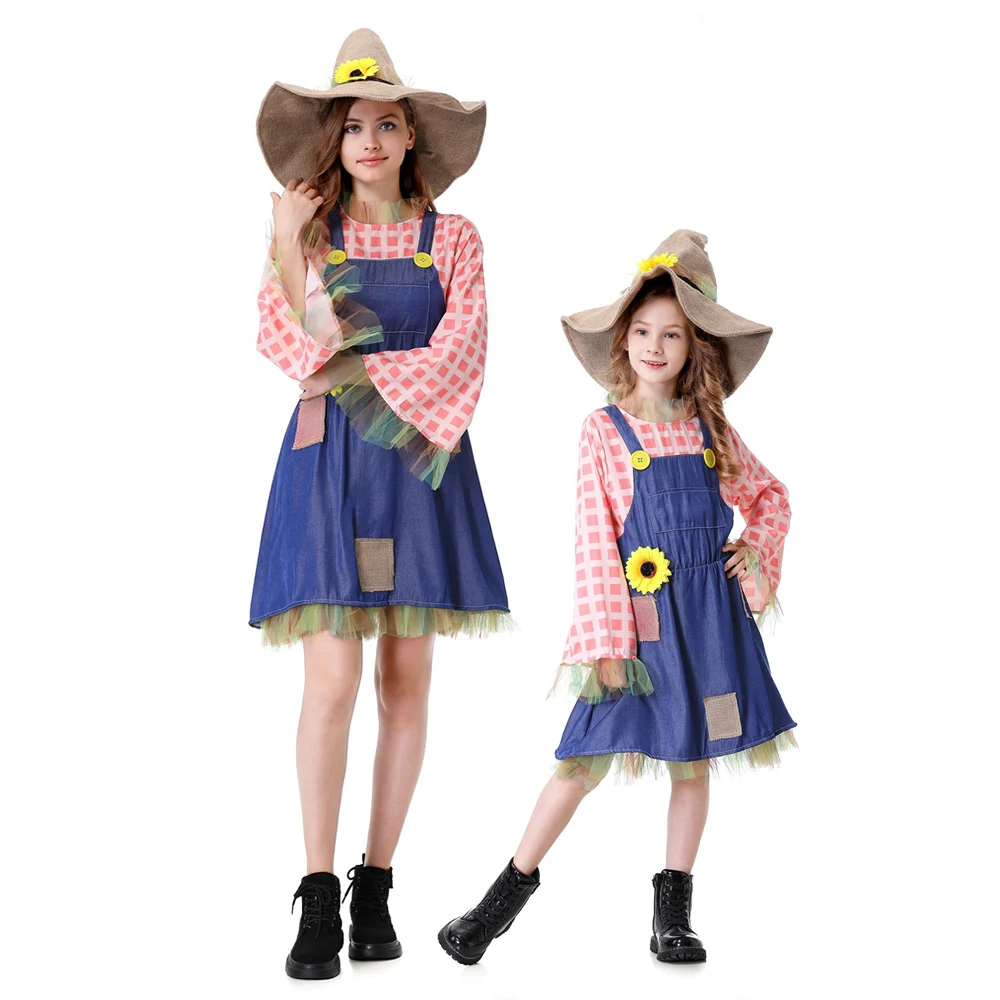 

Halloween Cosplay Costume Parent-child Outfit Pioneer Girl Costume Colonial Dress Kids Floral Village Girl Costumes With Hats