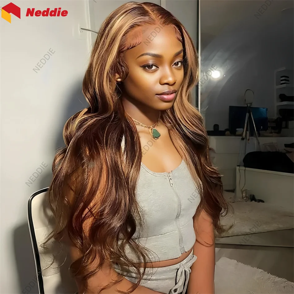 13x6 Long Lace Front Highlight Wig Body Wave Neddie Preplucked 100% brazilian Human Hair Lace Frontal Wigs on Sale Clearance