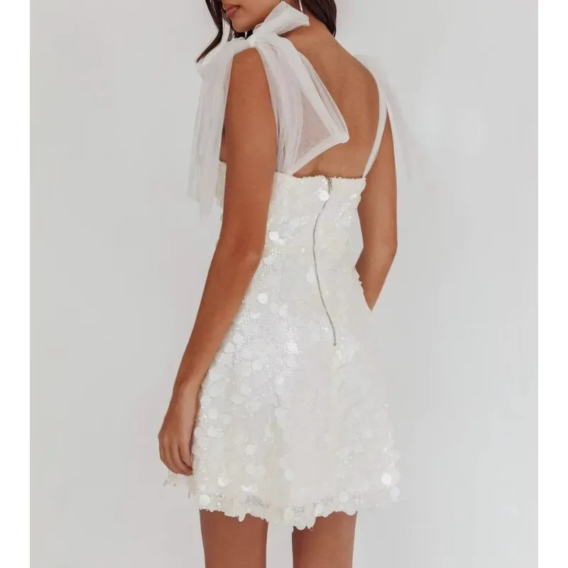 Women Sequins V Neck Short Dress Mesh Lace Up Backless Sling Y2k Summer Party
