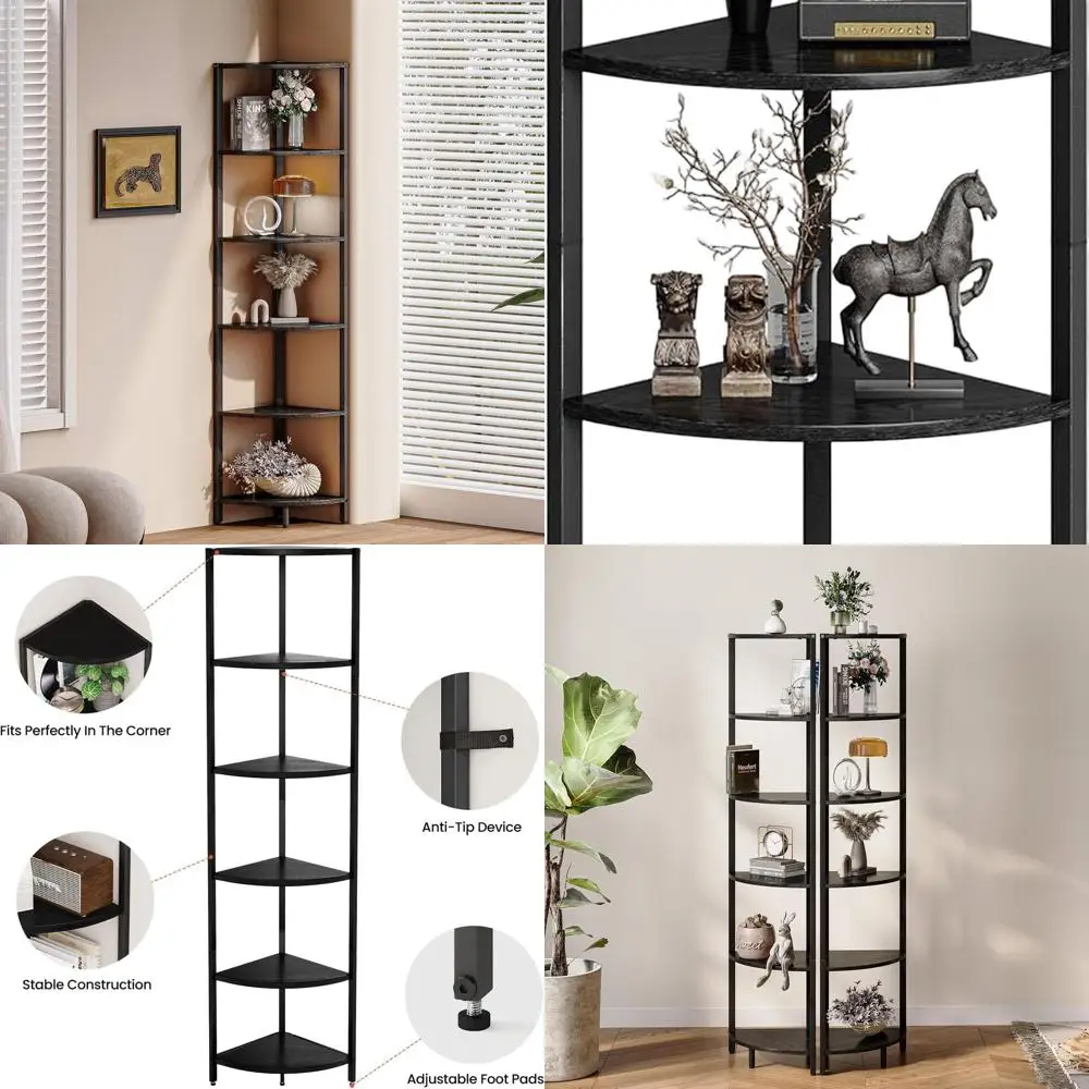 

6-Tier Metal Corner Shelf, 63.1 Tall, Black Wood Grain, Industrial Style, Living Room/Bedroom, Bookcase & Plant Stand CS-001B3