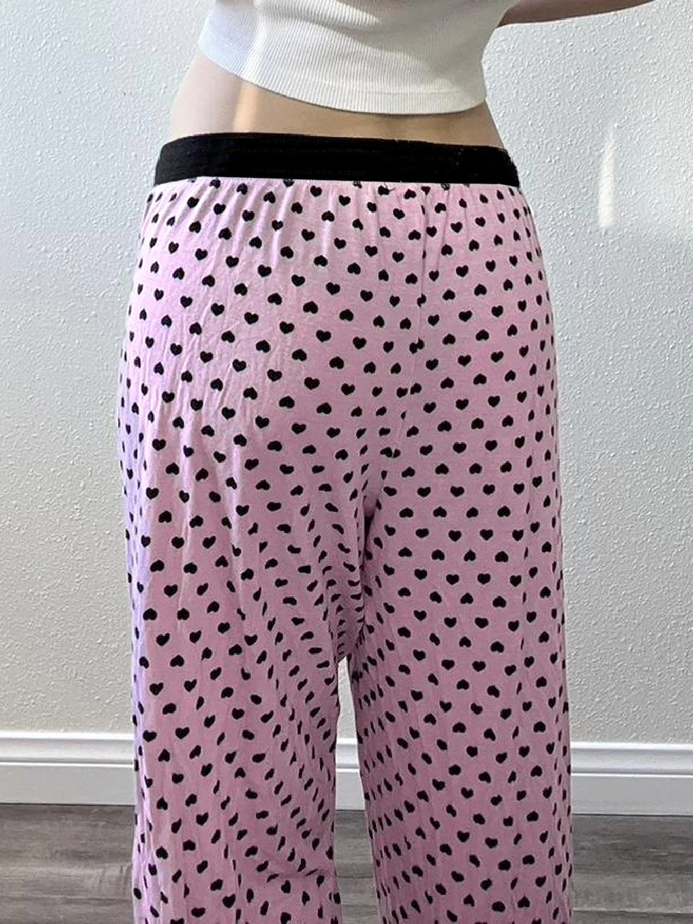 Wekeep Cute Coquette Heart Print pantaloni dritti donna Patchwork vita bassa pantaloni da Jogging lavorati a maglia larghi autunno y2k estetico Capris