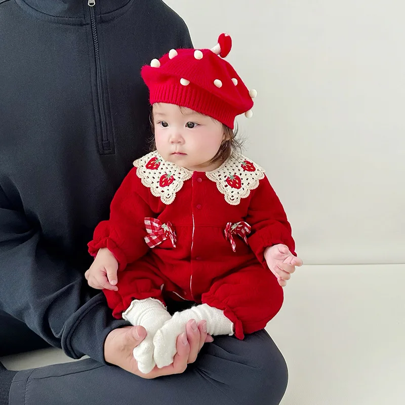 Butterfly Knot Strawberry Baby Girl Jumpsuit Red Festive Spring and Autumn Suit Newborn Fashion and Cute Kids Clothes
