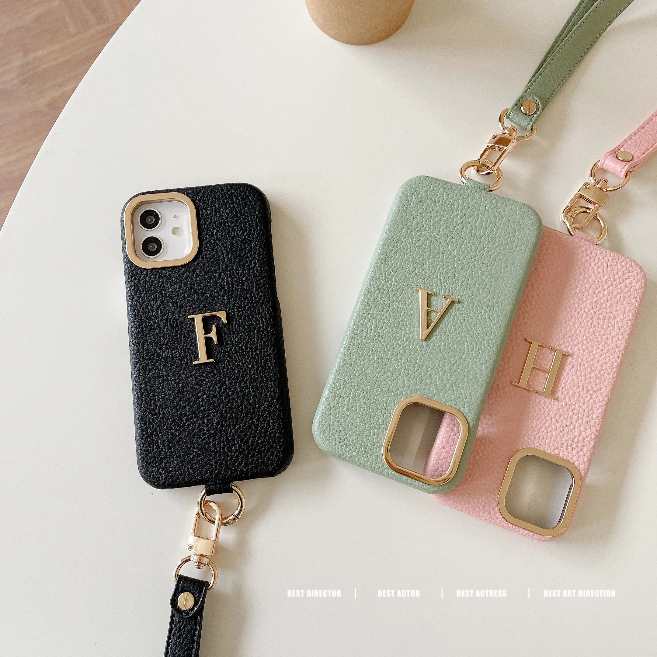 Customized Initial Name Leather Phone Case for Small Letters Gold letter For16 15 14 13 12 11ProMax 16 14Plus Shockproof Cover