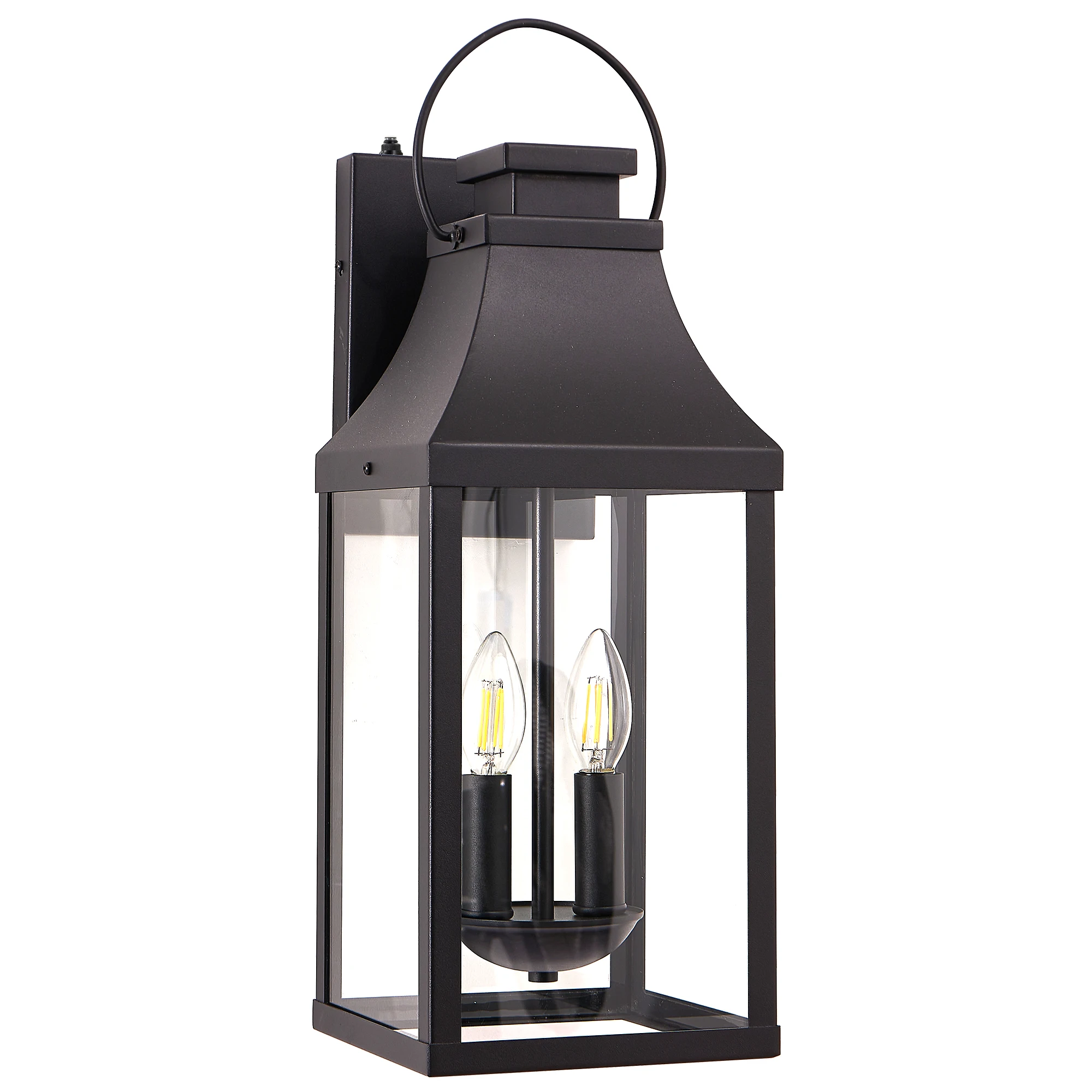 20 Inch Dusk to Dawn Outdoor Wall Lantern, Black 2-Light Porch Sconce with Clear Glass, E12 Exterior Wall Light Fixture for Front Door, Patio, Garage, Bulbs Not Included