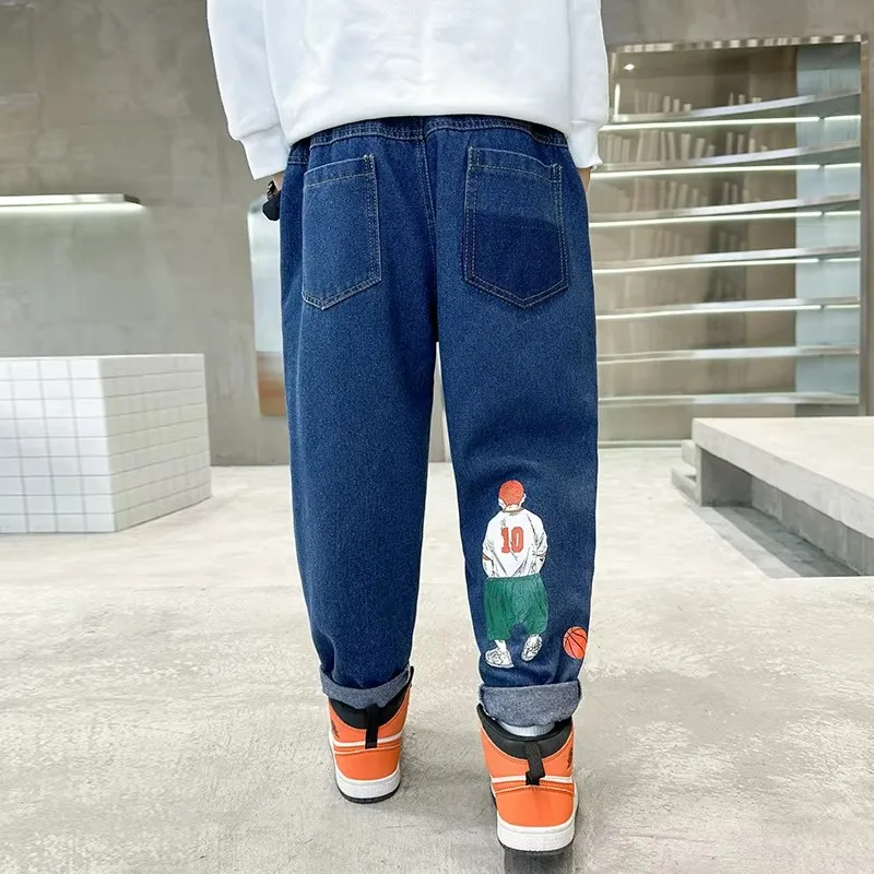 Jeans isolanti ispessiti invernali per bambini adolescenti con stampa di cartoni animati per pantaloni termici per bambini in pile caldo Shcool Boy