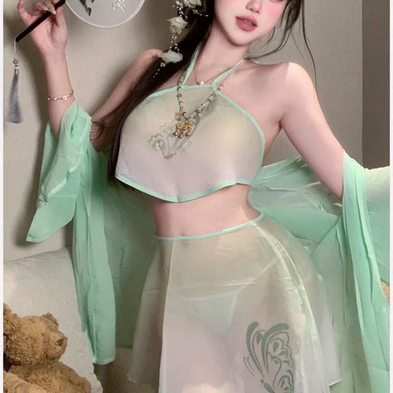 

Сексуальное женское белье в античном стиле с высоким разрезом Hanfu, мягкий пояс, прозрачный внешний комплект, экзотический очаровательный китайский порно костюм, зеленый, новый