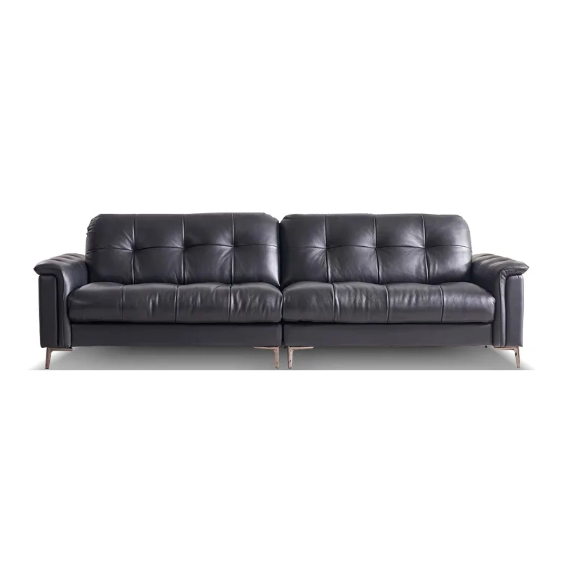 

Medieval jazz sofa semi-green leather three-person straight row tall small retro Italian minimalist black leather sand