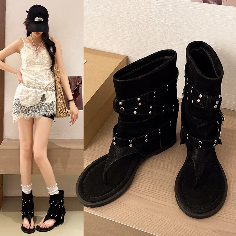 Women's Roman Strap Sandals Short Tube Heightening Summer Fashionable Spicy Girl Leather Boots Microfiber Material Rubber Surfac