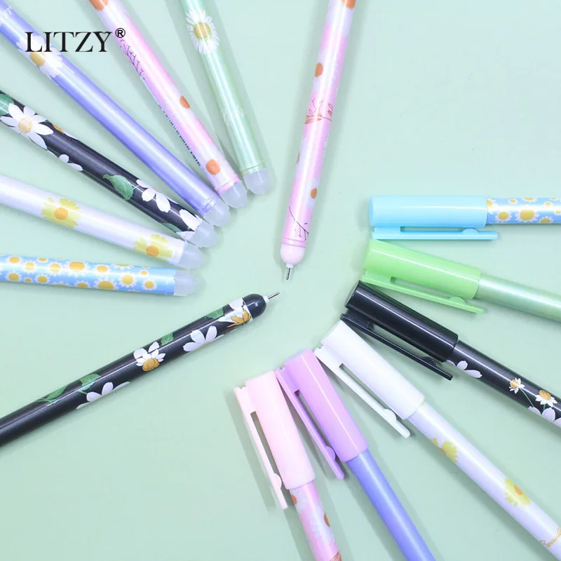 6Pcs/set 0.5mm Kawaii Daisy Erasable Pen Washable Handle Blue Ink Writing Gel Pens for School Supply Student Writing Stationary