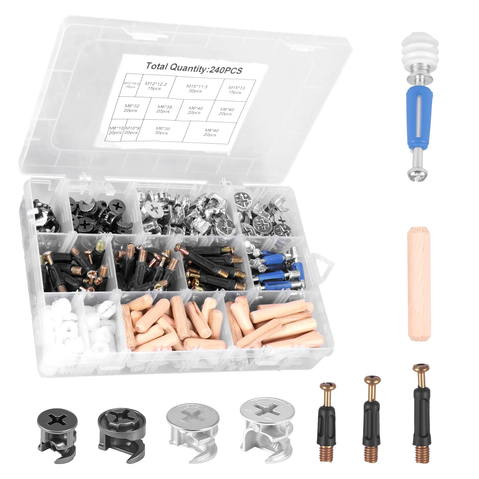 

240PCS 3-in-1 Eccentric Hardware Wheels Furniture Cam Locks Furniture Fasteners & Connectors with Multi-Size Nuts,Bolts and Wood