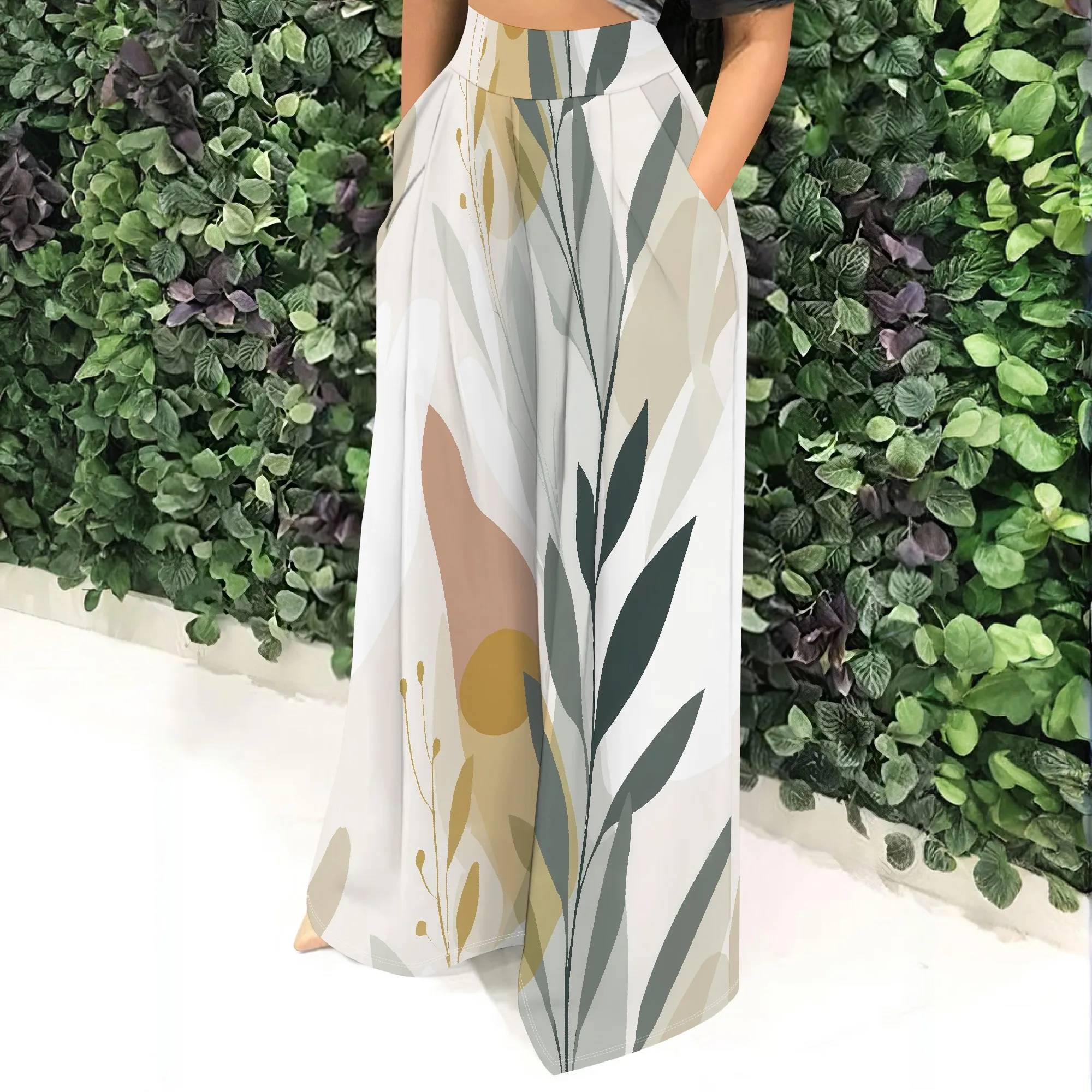 Botanical Print Wide Leg Pants, High Waist Trousers with Pockets, Loose Fit Palazzo Pants for Women, Casual Beach Wear, S-2XL