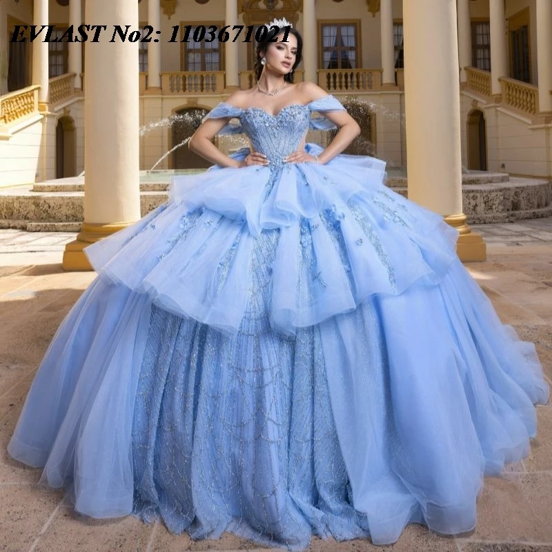 

Индивидуальное бальное платье EVLAST для квинсеаньеры, блестящее, синее, с аппликациями, бисером, многоярусным корсетом, для Sweet 16, Vestidos 15 Anos E2QA269