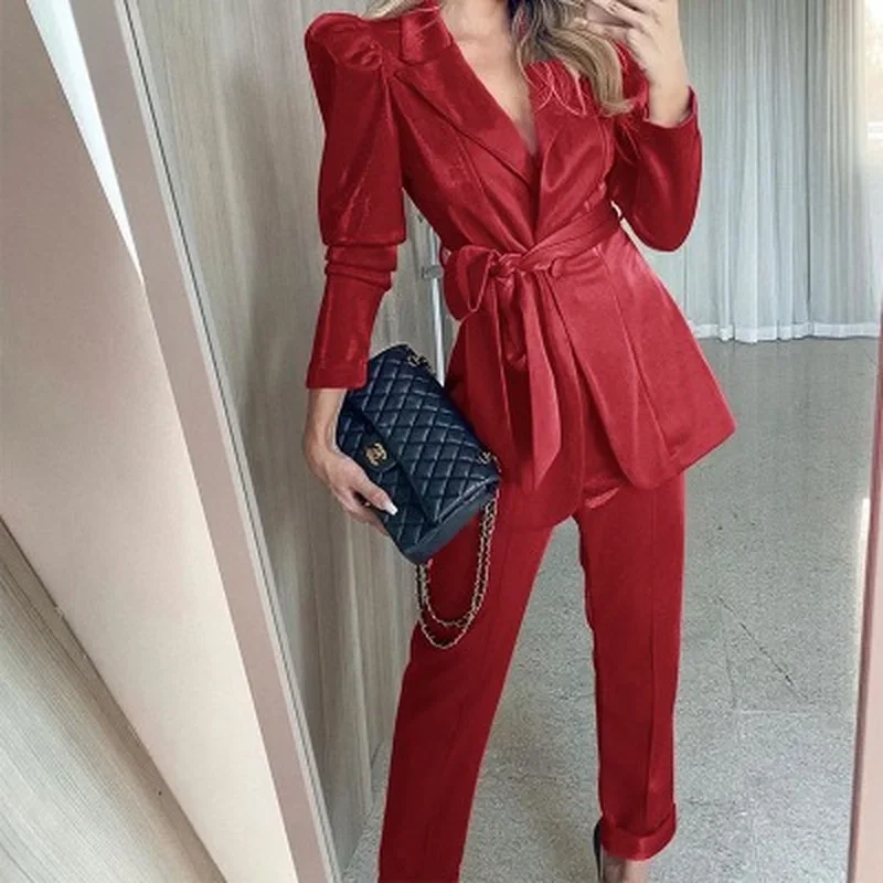 Fashion Women\'s New Solid Color Fashion Leather Waist Two-piece Casual Coat Women\'s Suit Jacket Elegant Work Clothes Suit Jacket