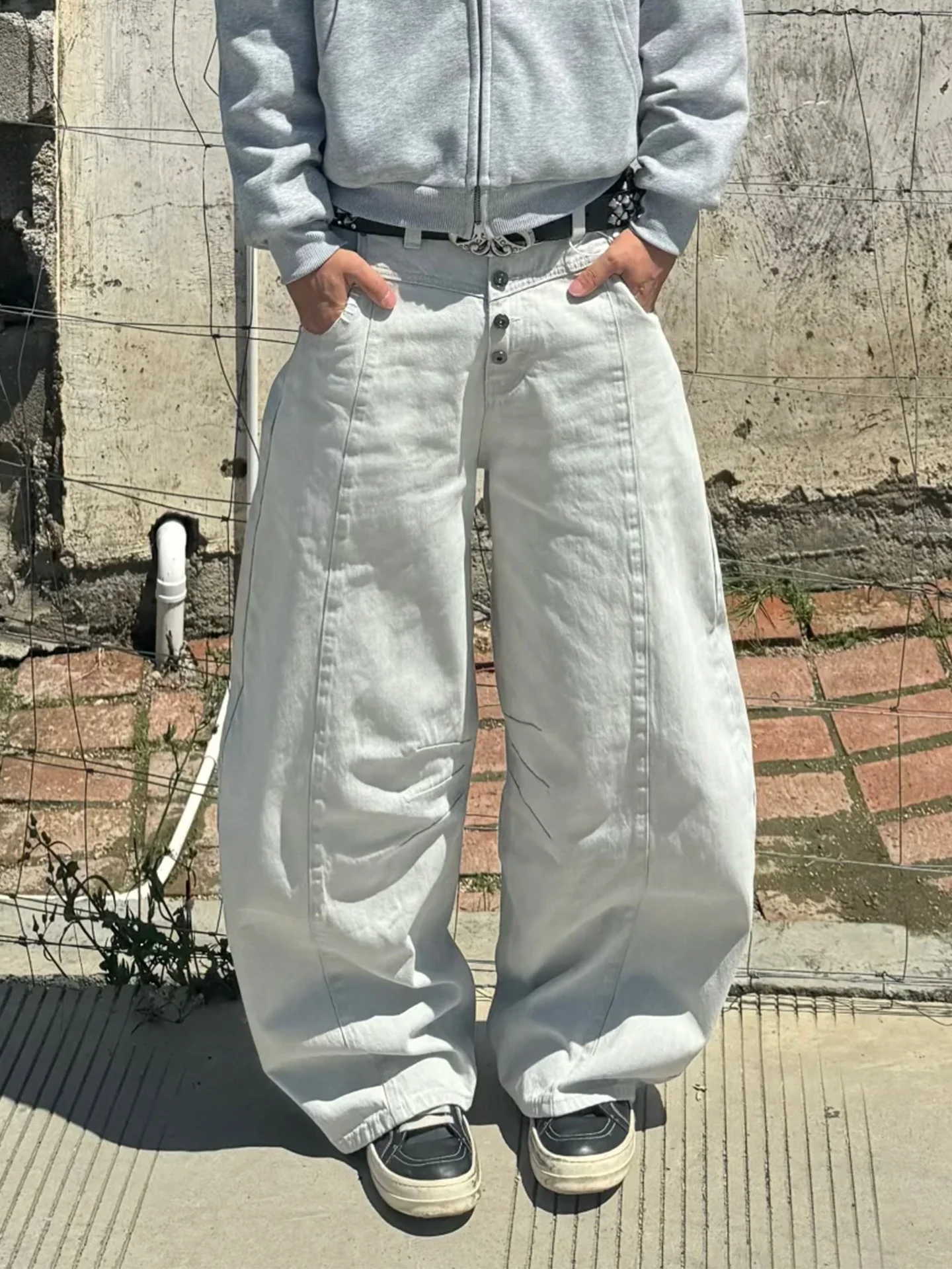 

Мужские и женские джинсы свободного кроя с широкими штанинами, на пуговицах, с предварительно складчатой отделкой, в стиле High Street, повседневные, прямого кроя