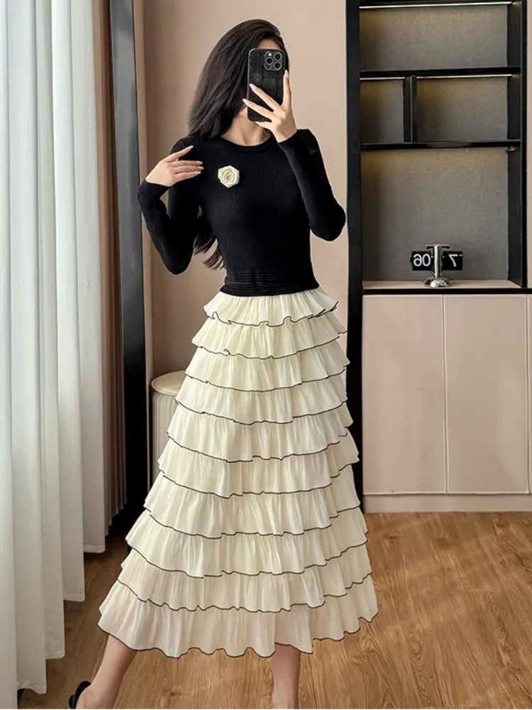 Smthma francês pequeno estilo fragrância vestido de malha preta feminino outono inverno chique dupla camada elegante plissado festa vestidos longos