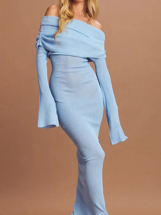 

Color One oulder Pleated Knitted Dr Street Sle Midi Waist Elastic Micro Summer Long Sve Women's Faion Dr