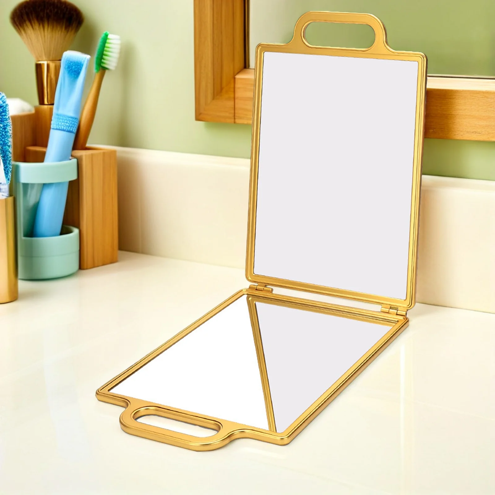 Espejo plegable para corte de pelo, espejo de maquillaje portátil de doble cara para peluquero, herramienta de estilismo de salón dorado, corte de pelo automático, vista de cabeza trasera