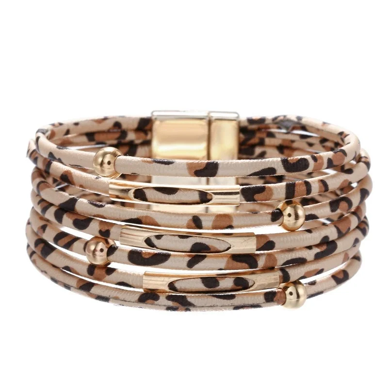 

Unisex Retro Leopard Print Leather Bracelet Multi-Layer Metal Tube Charm Fashion Accessory Sexy Charm Jewelry for 2025
