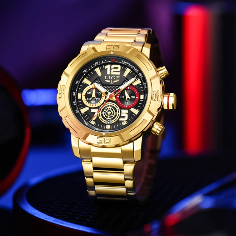 LIGE Brand Man Gold Watch Military Quartz Male Watches Waterproof Luminous Watch for Men Date Chronograph Clock Sport Wristwatch