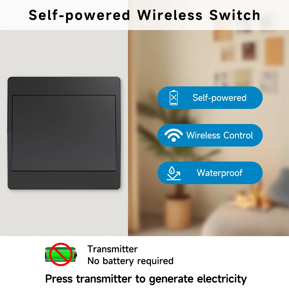 المنزل الذكي الأسود الذاتي بالطاقة اللاسلكية التبديل للأضواء الحركية مفتاح الإضاءة عدة مفاتيح الإضاءة عن بعد زر الضغط اللاسلكي